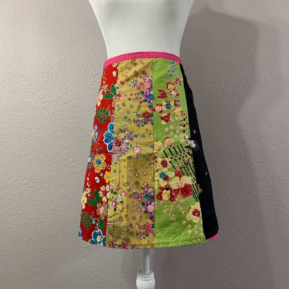 Unbranded Women's Multicolor Floral Patchwork‎ Sequin True Wrap Skirt